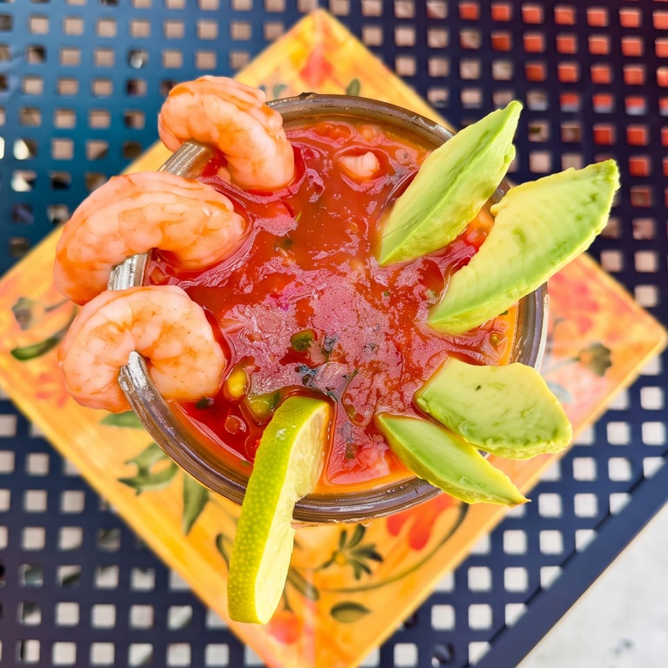 Shrimp cocktail with avocado slices and lime, served on a colorful plate on a dark patio table.